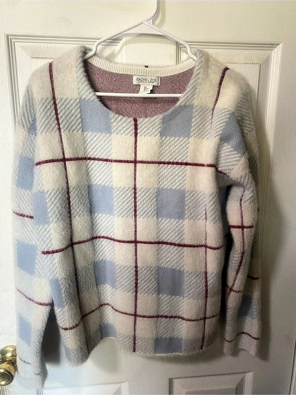 Rachel Zoe Plaid Crew Neck Sweater in White & Blue & Red Size Large Coastal Vibe